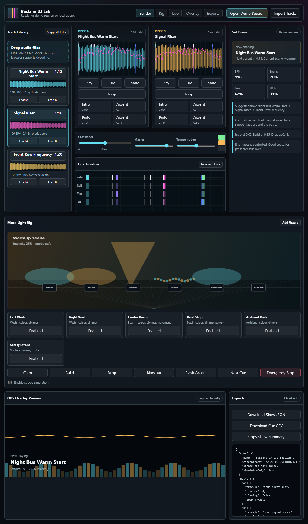 Buslane DJ Lab with two decks, waveforms, cue controls and lighting tools