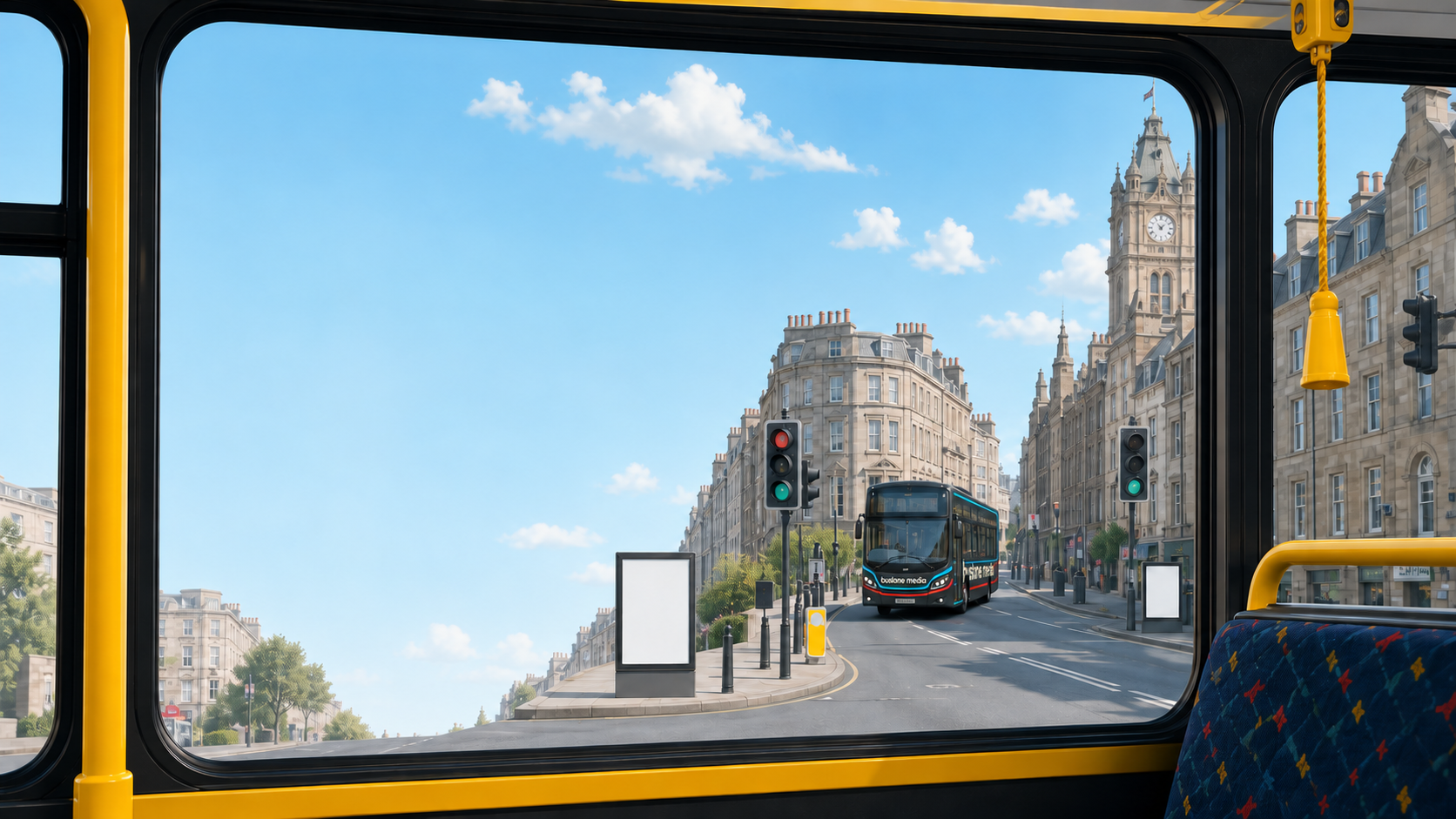 View from a bus window across an Edinburgh-inspired street, with a Buslane Media bus approaching and a distant Scottish-style clock tower