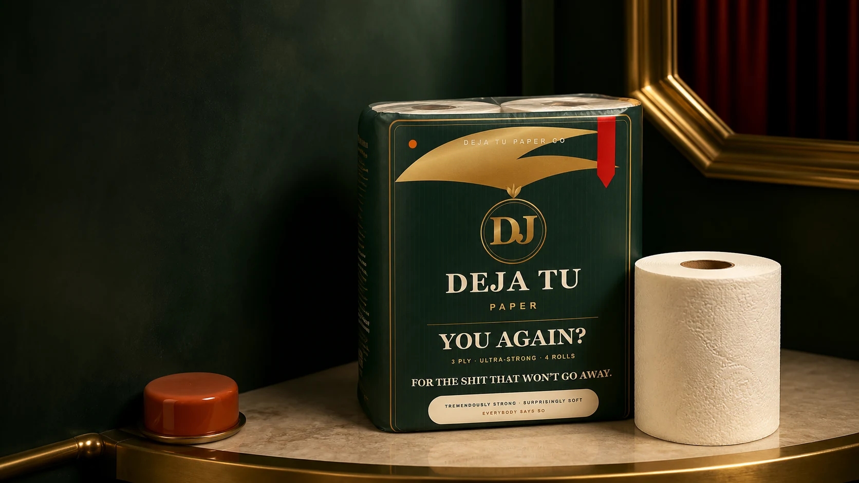 Deja Tu Paper premium toilet tissue in its green and gold four-roll packaging